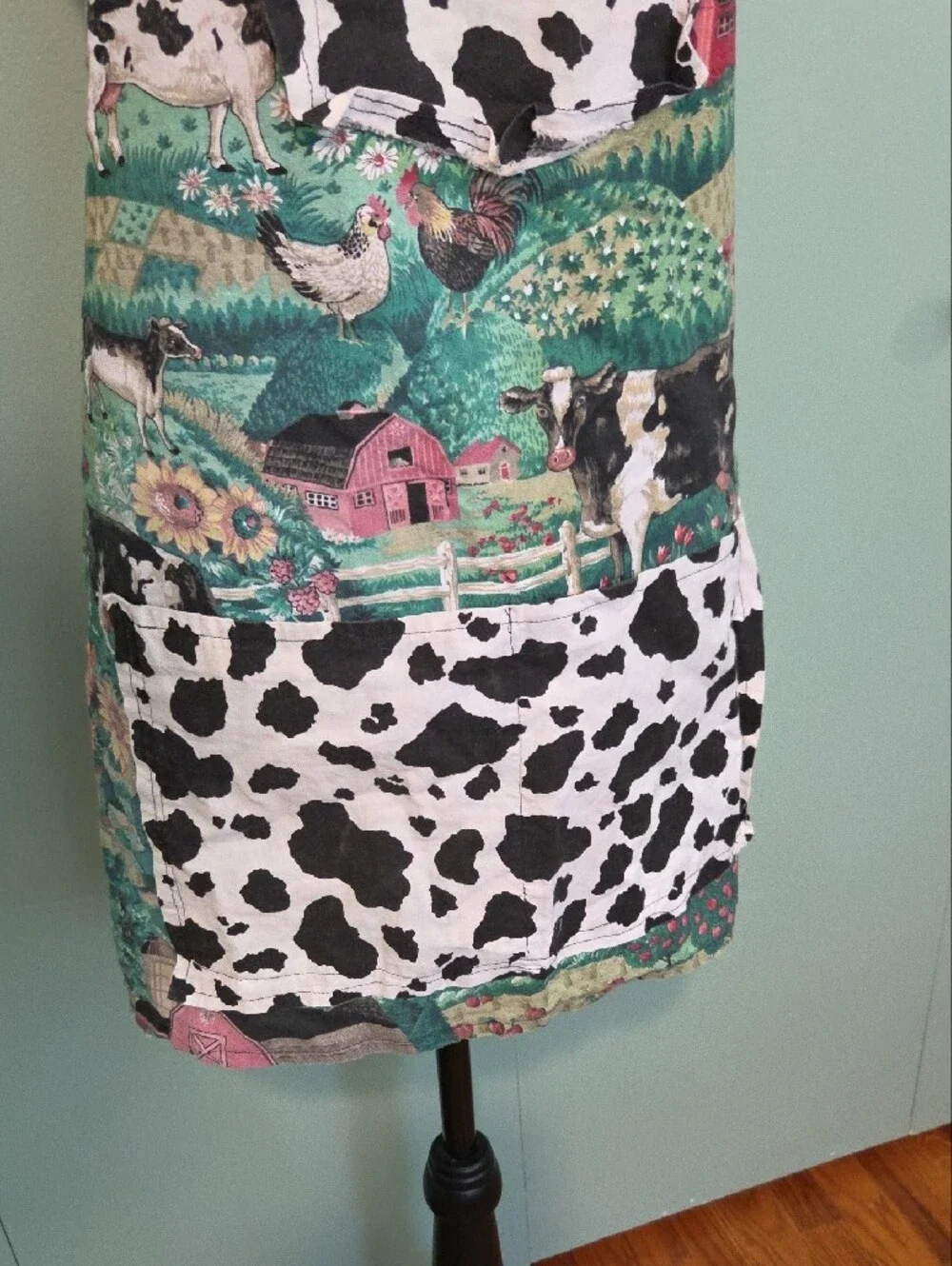 Handmade Farmhouse Cow Print Apron Green, Black & White